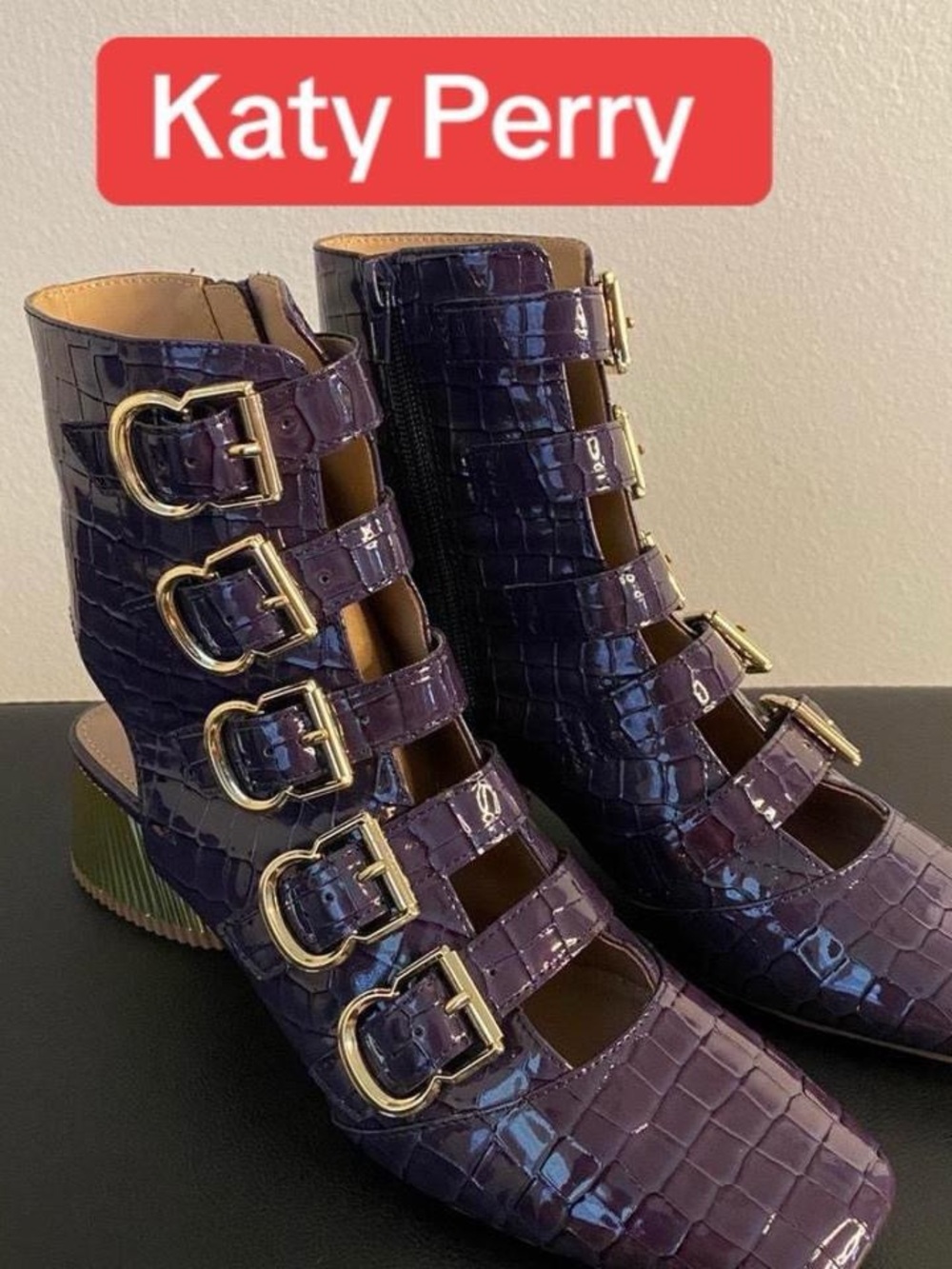 Katy Perry Collections Patent Croc-Embossed Purple Buckle Ankle Boots NWOT